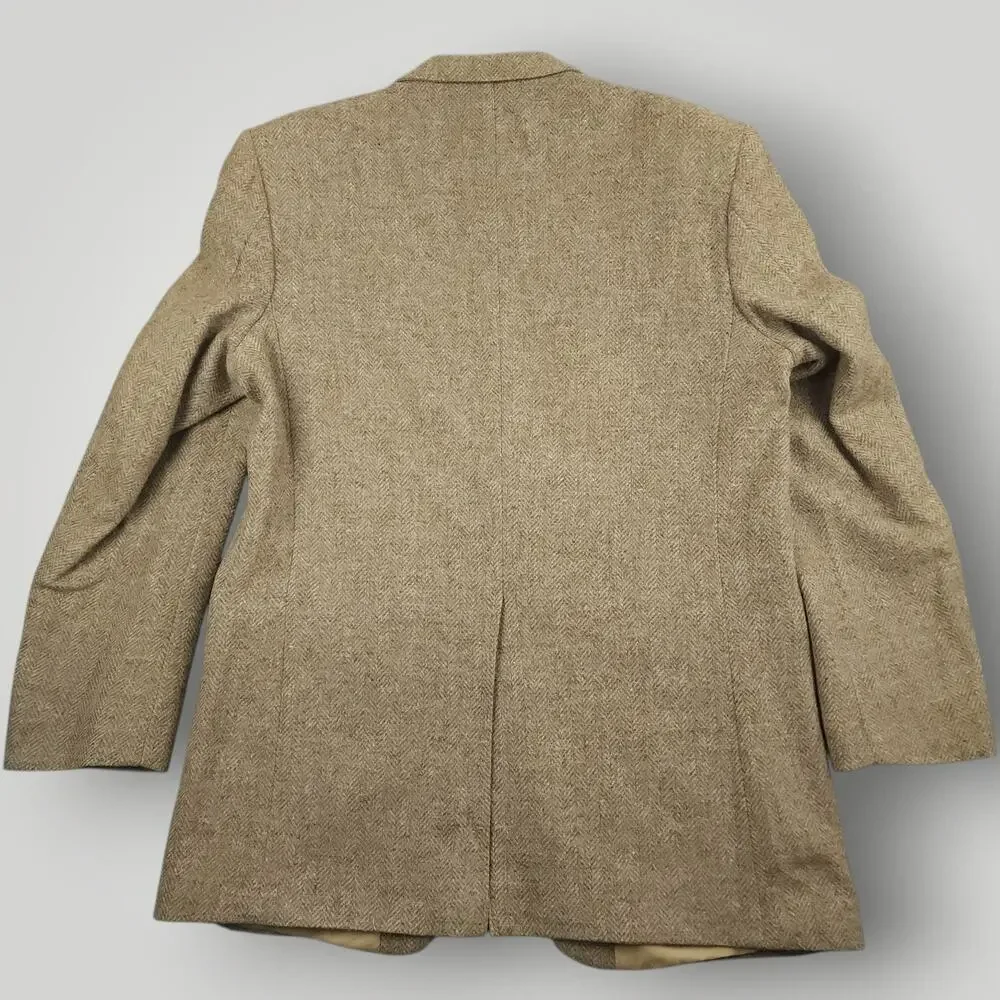 Vtg Ivy Style Tweed Wool Sack Jacket Mens 42L Herringbone Wide Lapel 90s Y2K Tan